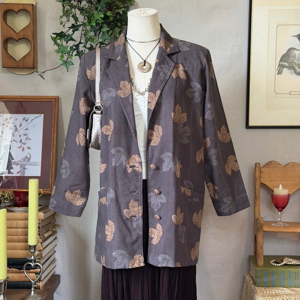 Brown Leaf Print Button Front Blazer Jacket Dark Academia L Indie Whimsy Earthy